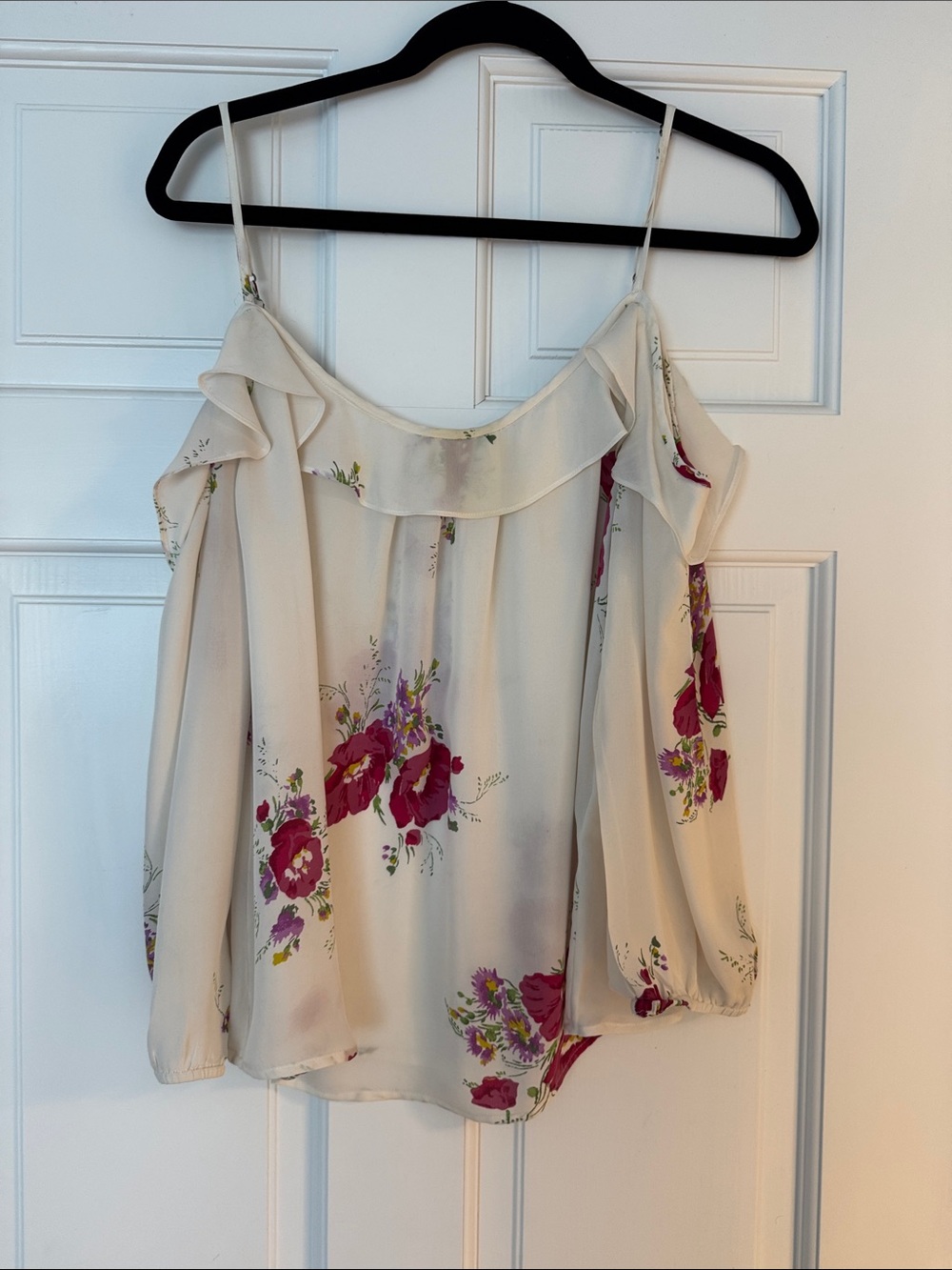 Joie Cream Cold-Shoulder Blouse with Pink Floral Print